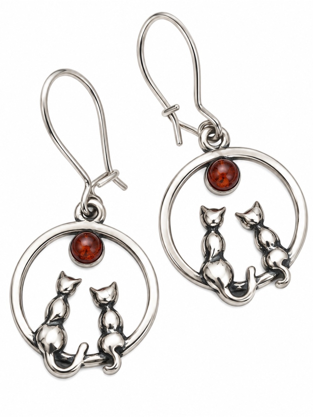 Sterling Silver Cat Dangle Earrings with Amber Accent - Silver/Brown